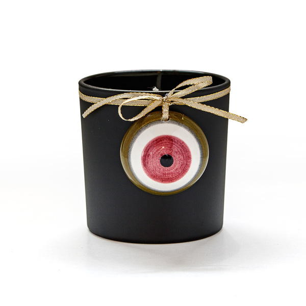 Γυάλινο βάζο 10x10 σε μαύρο χρώμα με κεραμικό μάτι και αρωματικό κερί - μάτι, κερί, αρωματικά κεριά, χριστουγεννιάτικα δώρα - 2