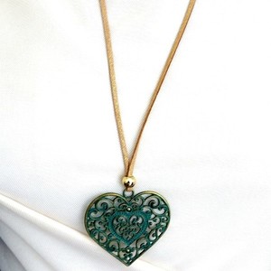 Kολιέ με πράσινη αντικέ καρδιά - ιδιαίτερο, γυναικεία, καρδιά, δώρο, πρωτότυπο, μακριά, μπρούντζος, κρεμαστά, για όλο τον χρόνο, επιχρυσωμένο στοιχείο, φθηνά, μενταγιόν - 2
