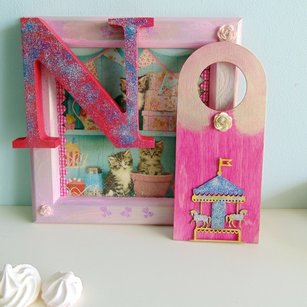 Καδράκι ροζ με γατάκια και ταμπελίτσα πόρτας με καρουζελ - πίνακες & κάδρα, κορίτσι, παιδικά κάδρα