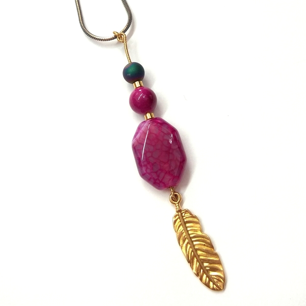 Agate necklace with feather - ημιπολύτιμες πέτρες, αχάτης, μοντέρνο, φτερό, μακριά, Black Friday - 2