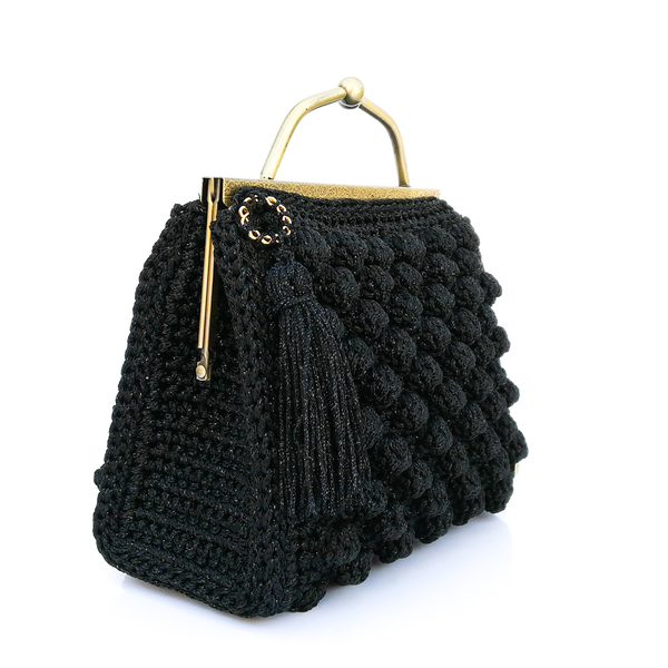 Πλεκτή bubble τσάντα κροσέ σε μαύρο χρώμα - clutch, χειρός, πλεκτές τσάντες, βραδινές - 3