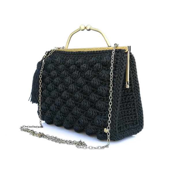 Πλεκτή bubble τσάντα κροσέ σε μαύρο χρώμα - clutch, χειρός, πλεκτές τσάντες, βραδινές - 4