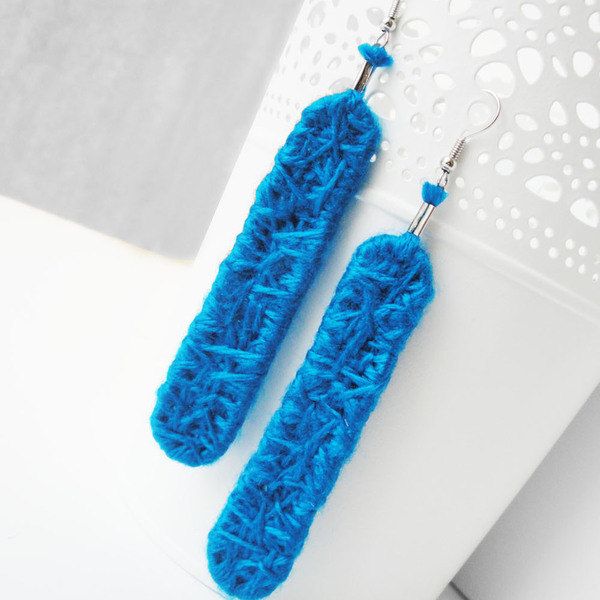 String art μακριά σκουλαρίκια μπλε - χειροποίητα, μακριά, κρεμαστά, μεγάλα, πλεκτά - 2