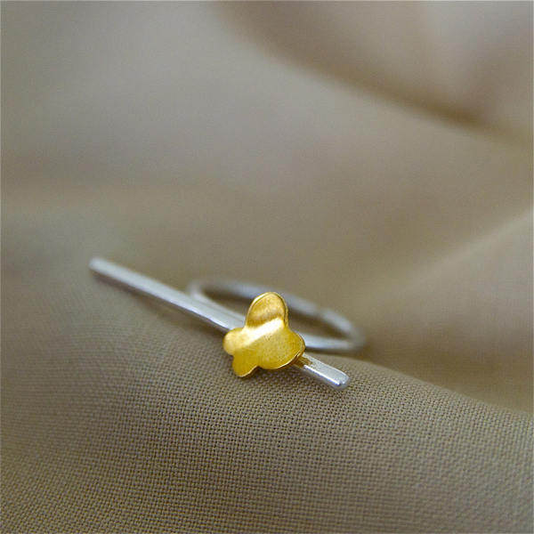 δαχτυλίδι κλαδί με πεταλούδα από ασήμι 925 με επιχρύσωμα, σειρά "Twig" - ασήμι 925, πεταλούδα, βεράκια, αυξομειούμενα