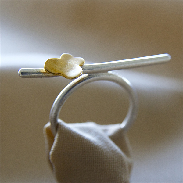 δαχτυλίδι κλαδί με πεταλούδα από ασήμι 925 με επιχρύσωμα, σειρά "Twig" - ασήμι 925, πεταλούδα, βεράκια, αυξομειούμενα - 2