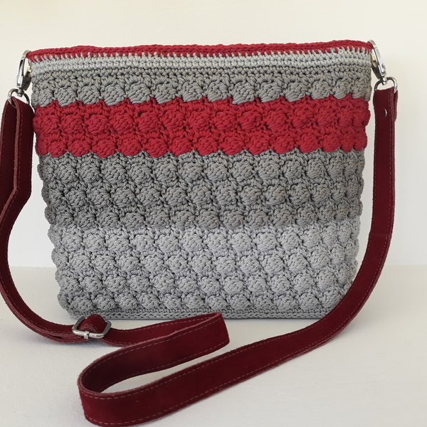 Τσάντα ''bubbles'' χιαστί σε ριγέ γκρι και κόκκινο χρώμα - ώμου, χιαστί, μεγάλες, μεγάλες, πλεκτές τσάντες - 2