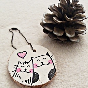 Μπρελόκ ξύλινο handpainted "CatsInLove" - ζωγραφισμένα στο χέρι, personalised, δώρο οικονομικό, ξύλινα