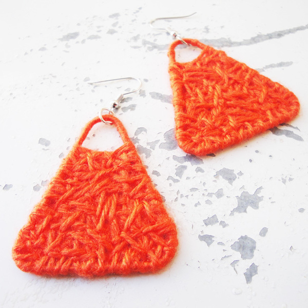 String art τρίγωνα σκουλαρίκια πορτοκαλί - γυναικεία, γεωμετρικά σχέδια, μακριά, κρεμαστά, πλεκτά - 3