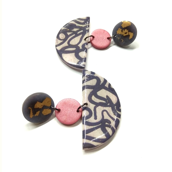 Polymer clay round and semi circle earrings - πηλός, καρφωτά, Black Friday - 2