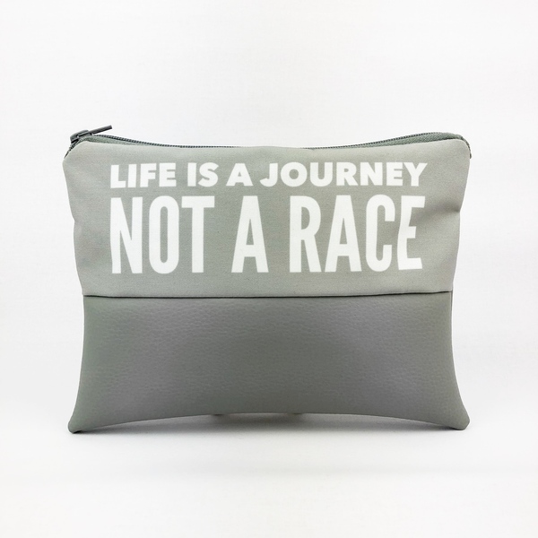 Μεσαίο γκρι τσαντάκι - Life is a journey not a race - clutch, τσάντα, δερματίνη