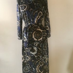 Φόρεμα μάξι βελούδο μπλε φλοράλ, μακρύ μανίκι, λαιμόκοψη, ζώνη αποσπώμενη - maxi, βελούδο, φλοράλ - 4