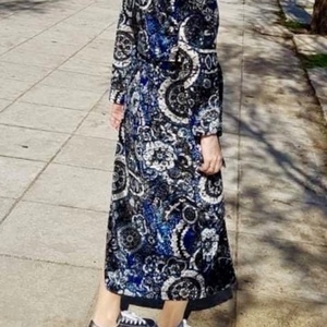 Φόρεμα μάξι βελούδο μπλε φλοράλ, μακρύ μανίκι, λαιμόκοψη, ζώνη αποσπώμενη - maxi, βελούδο, φλοράλ - 2