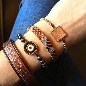 Metal bungle “bronze glitter leather” - δέρμα, σταθερά, χειροπέδες, φαρδιά - 2