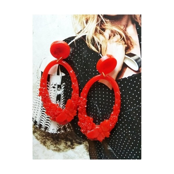 Κόκκινα σκουλαρίκια από ρητινη - statement, vintage, καρφωτά, fashion jewelry, φθηνά