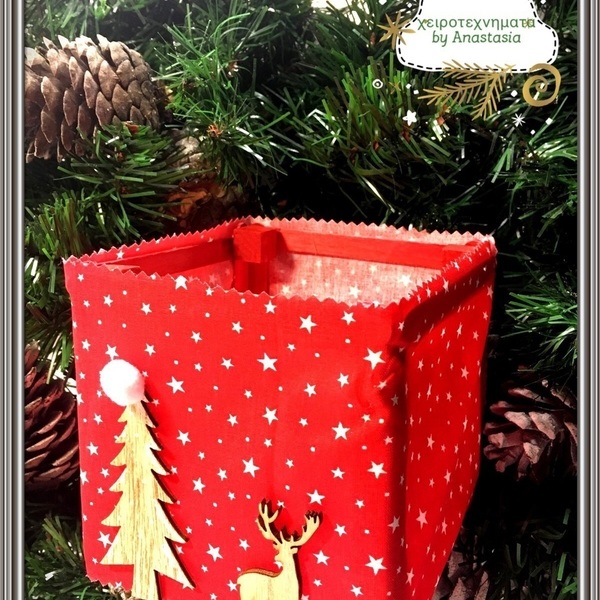 Χριστουγεννιατικο φαναρακι,απο υφασμα, σε κοκκινο χρωμα, 12Χ12 με φωτακι μπαταριας - διακοσμητικό, διακοσμητικά, δώρο παιδικό, κεριά & κηροπήγια
