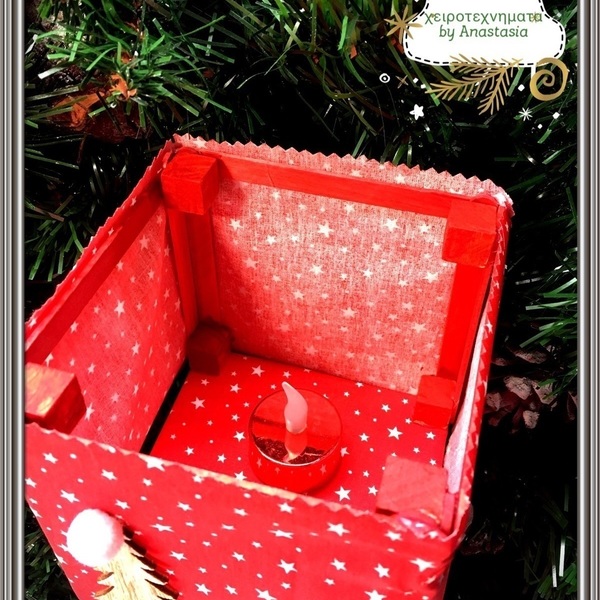 Χριστουγεννιατικο φαναρακι,απο υφασμα, σε κοκκινο χρωμα, 12Χ12 με φωτακι μπαταριας - διακοσμητικό, διακοσμητικά, δώρο παιδικό, κεριά & κηροπήγια - 2