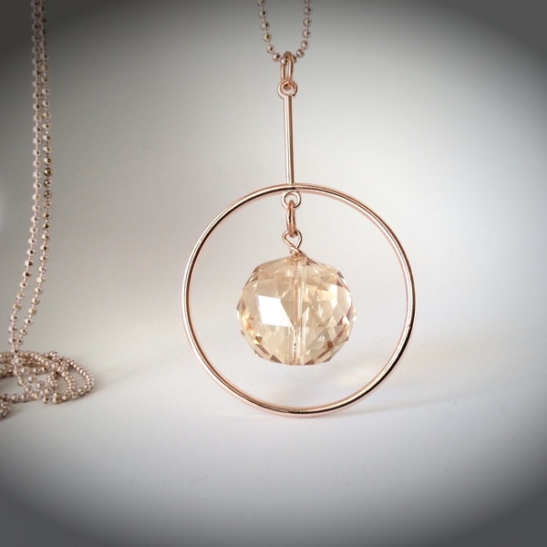 Κολιέ με ροζ χρυσό κύκλο και κρύσταλλο - γεωμετρικά σχέδια, μακριά, faux bijoux - 4