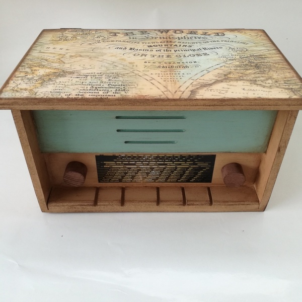 Vintage κουτί ράδιο μικρό με χάρτη - mdf, κουτιά αποθήκευσης
