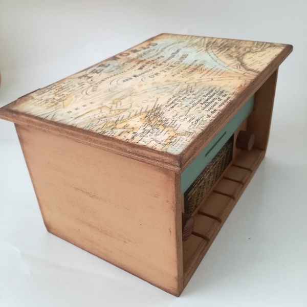 Vintage κουτί ράδιο μικρό με χάρτη - mdf, κουτιά αποθήκευσης - 3