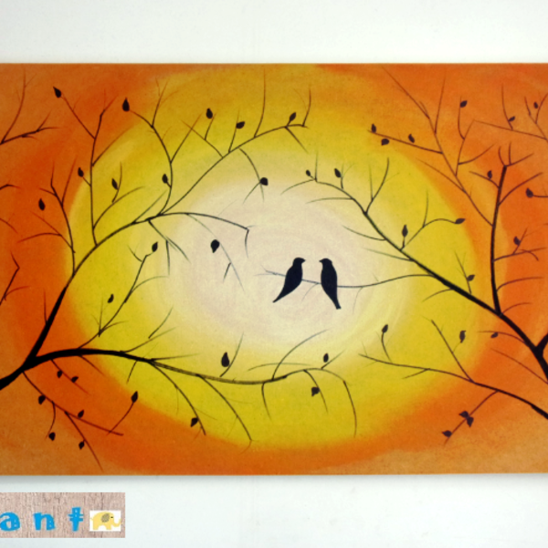 Πίνακας Love birds - πίνακες & κάδρα, δέντρα, πουλάκια, πίνακες ζωγραφικής - 2