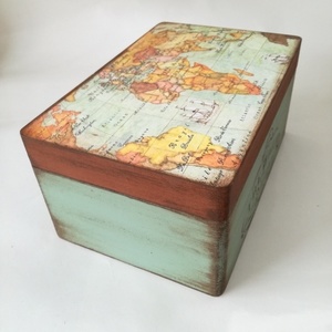 Ξύλινο κουτί με παγκόσμιο χάρτη 25Χ16Χ13 εκ. - οργάνωση & αποθήκευση, κουτιά αποθήκευσης