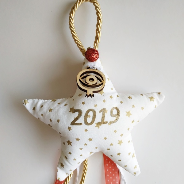 Γούρι 2019 υφασμάτινο αστέρι - αστέρι, χειροποίητα, χριστουγεννιάτικα δώρα, γούρια - 2