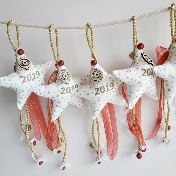 Γούρι 2019 υφασμάτινο αστέρι - αστέρι, χειροποίητα, χριστουγεννιάτικα δώρα, γούρια - 5