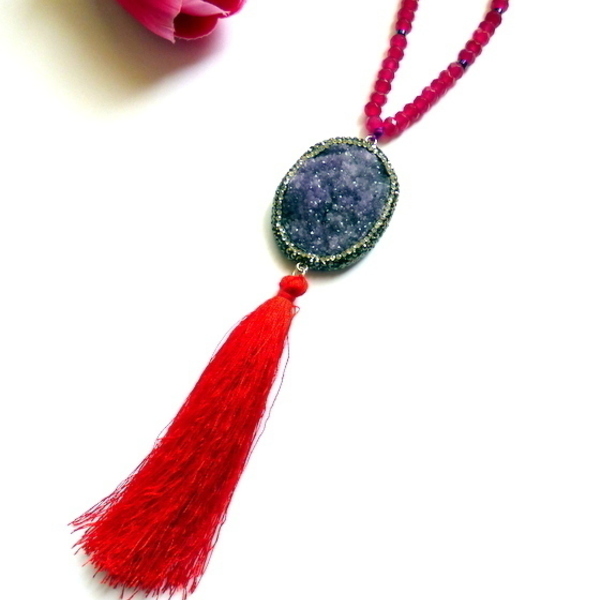 μακρύ κολιέ ημιπολ. πέτρες + φούντα ( μοβ/κόκκινο/φούξια ) - ημιπολύτιμες πέτρες, με φούντες, μακριά