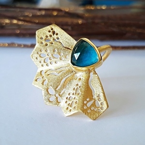 Blue Fsn Ring-Χειροποίητο Δαχτυλίδι Βεντάλια Από Επιχρυσωμένο Ασήμι Με Ντουμπλέτα Χρυσόκολλα - ασήμι, ημιπολύτιμες πέτρες, επιχρυσωμένα, μεγάλα
