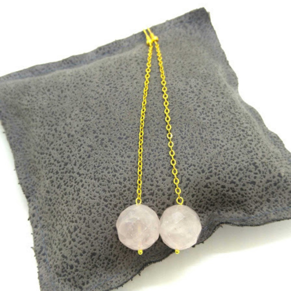 Μακριά σκουλαρίκια με ημιπολύτιμες πέτρες ροζ χαλαζία - ασήμι, ημιπολύτιμες πέτρες, επιχρυσωμένα, μακριά - 2