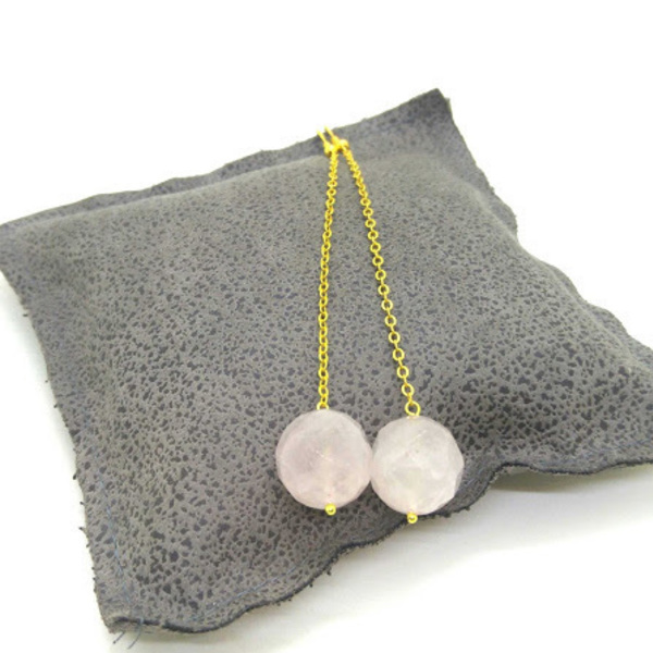 Μακριά σκουλαρίκια με ημιπολύτιμες πέτρες ροζ χαλαζία - ασήμι, ημιπολύτιμες πέτρες, επιχρυσωμένα, μακριά - 3