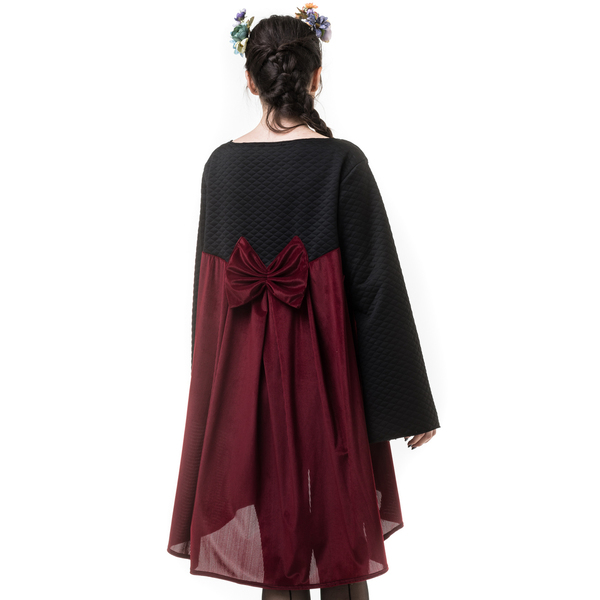Μαύρο Καπιτονέ Κοντό Φόρεμα με Ουρά & Φιόγκο Μπορντό Ριγέ - mini - 3