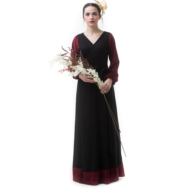 Μαύρο Μακρύ Φόρεμα Κρουαζέ με Μπορντό Βελούδο - ριγέ, γάμου - βάπτισης