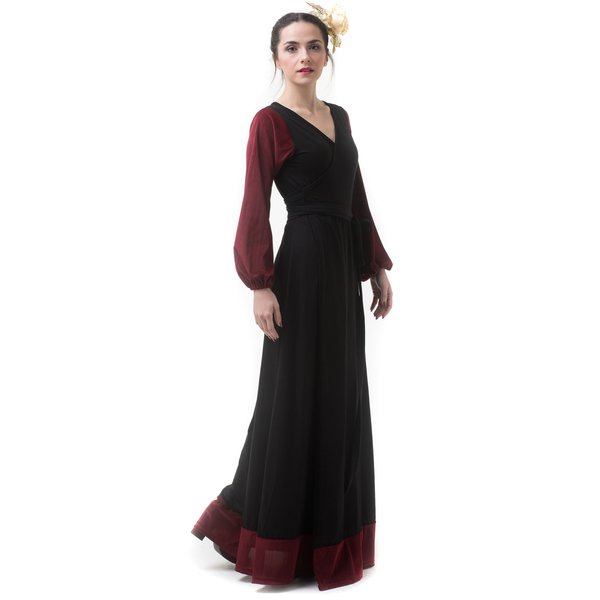 Μαύρο Μακρύ Φόρεμα Κρουαζέ με Μπορντό Βελούδο - ριγέ, γάμου - βάπτισης - 2