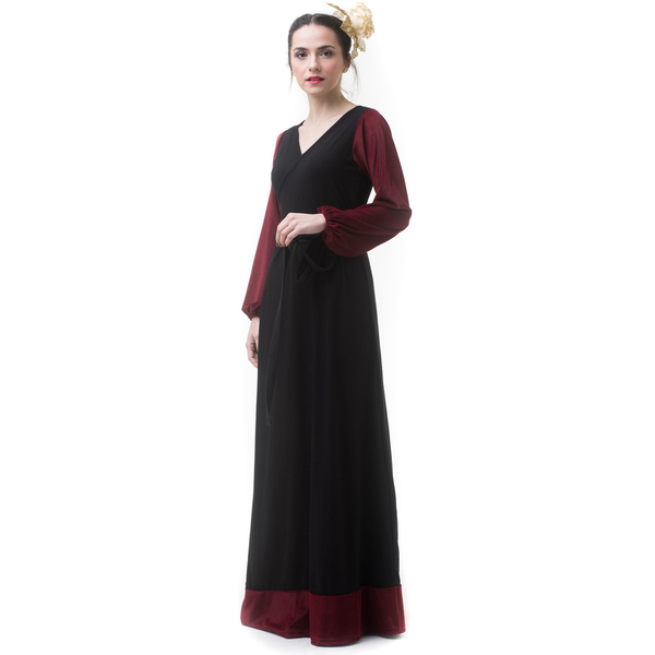 Μαύρο Μακρύ Φόρεμα Κρουαζέ με Μπορντό Βελούδο - ριγέ, γάμου - βάπτισης - 5