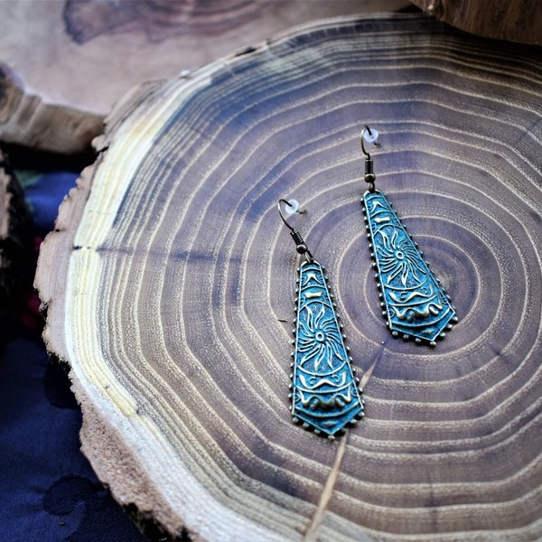 blue earrings - μακριά, boho, ethnic, μπρούντζος, κρεμαστά, faux bijoux - 3