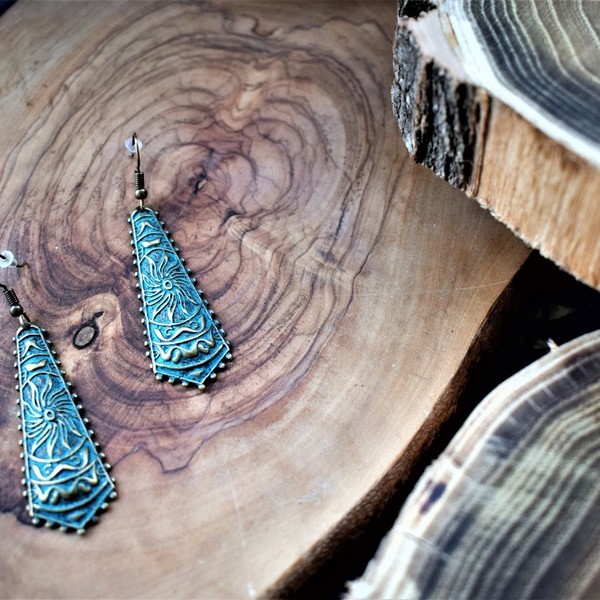 blue earrings - μακριά, boho, ethnic, μπρούντζος, κρεμαστά, faux bijoux - 4