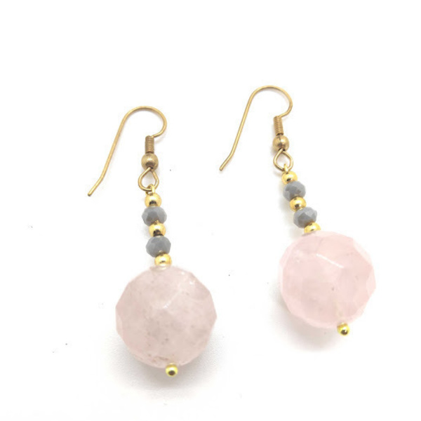 Σκουλαρίκια με γνήσιο ροζ χαλαζία και κρύσταλλα swarovski. - ημιπολύτιμες πέτρες, επιχρυσωμένα, swarovski, κρεμαστά