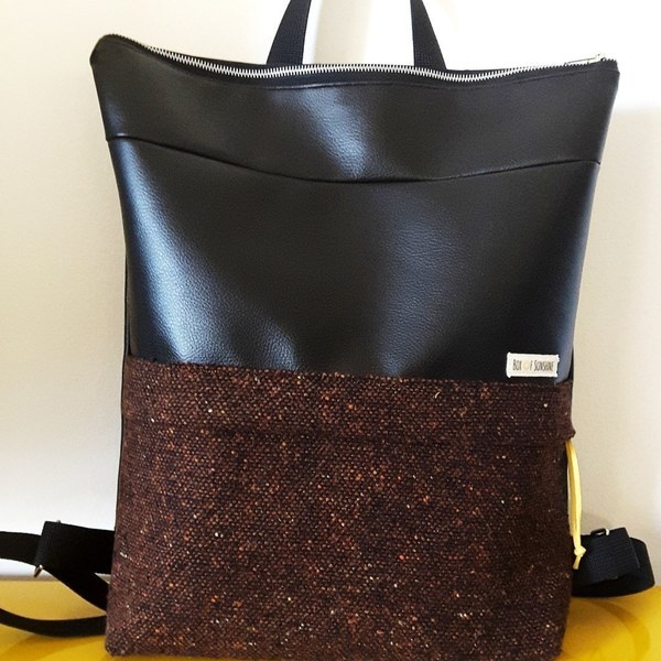 Σακίδιο πλάτης - Black eco leather backpack - πλάτης, δερματίνη