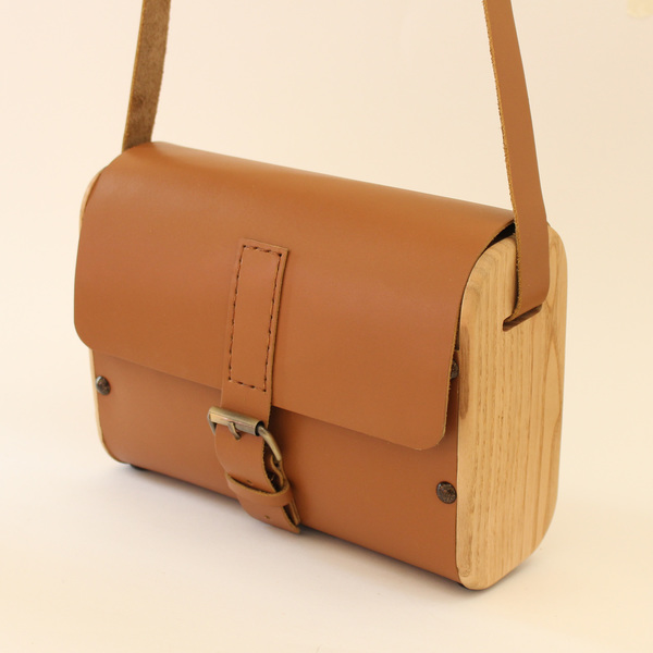 Δερμάτινη τσάντα με ξύλο - δέρμα, ξύλο, χιαστί