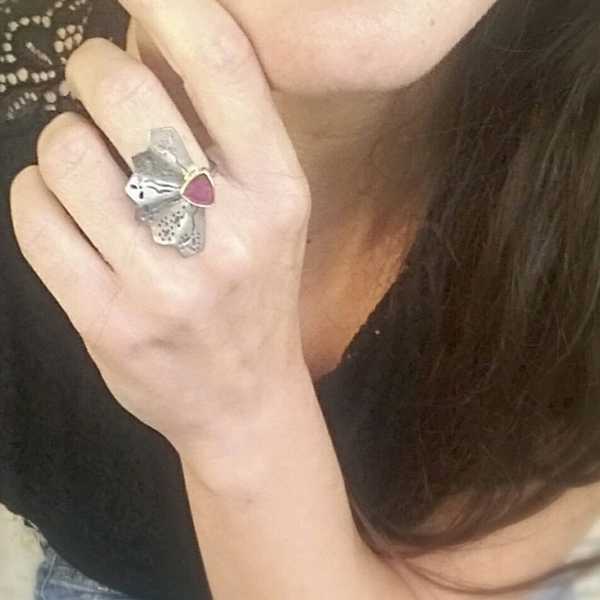 Red Fan Ring-Χειροποίητο Δαχτυλίδι Βεντάλια από Ασήμι 925 με Ημιπολύτιμη Πέτρα - ημιπολύτιμες πέτρες, επιχρυσωμένα, ασήμι 925, μεγάλα, επιροδιωμένα - 2
