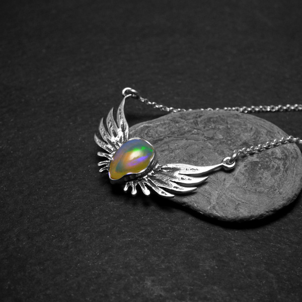 " Angel Magic Opal " - Χειροποίητο μενταγιόν από ασήμι 925 και Οπάλιo με φτερά αγγέλου ! - ημιπολύτιμες πέτρες, ασήμι 925, κοντά, οπάλιο - 2