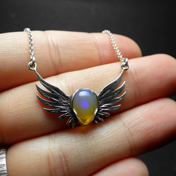 " Angel Magic Opal " - Χειροποίητο μενταγιόν από ασήμι 925 και Οπάλιo με φτερά αγγέλου ! - ημιπολύτιμες πέτρες, ασήμι 925, κοντά, οπάλιο - 3