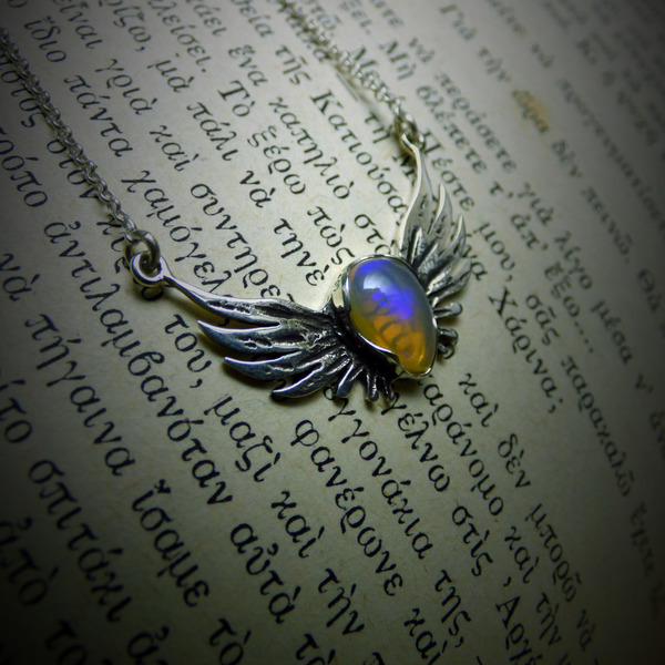 " Angel Magic Opal " - Χειροποίητο μενταγιόν από ασήμι 925 και Οπάλιo με φτερά αγγέλου ! - ημιπολύτιμες πέτρες, ασήμι 925, κοντά, οπάλιο - 4