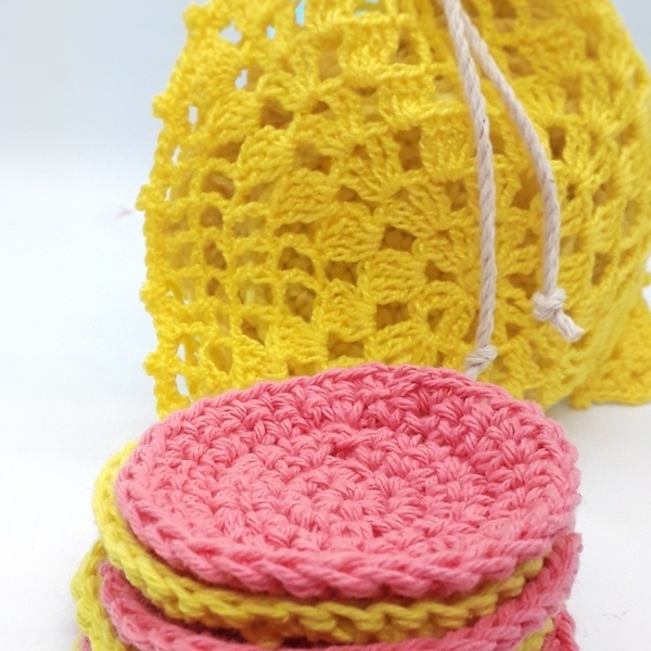 Σετ 6 βαμβακερά πανάκια καθαρισμού και απολέπιση με πουγκί - βαμβάκι, scrub, crochet
