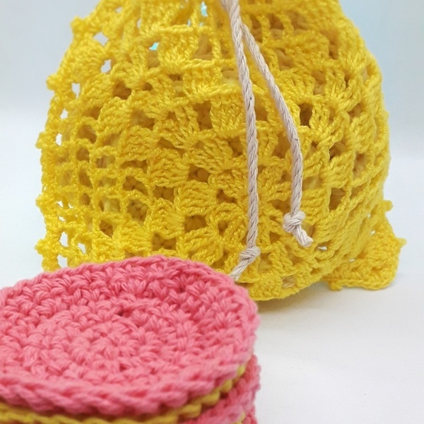 Σετ 6 βαμβακερά πανάκια καθαρισμού και απολέπιση με πουγκί - βαμβάκι, scrub, crochet - 2