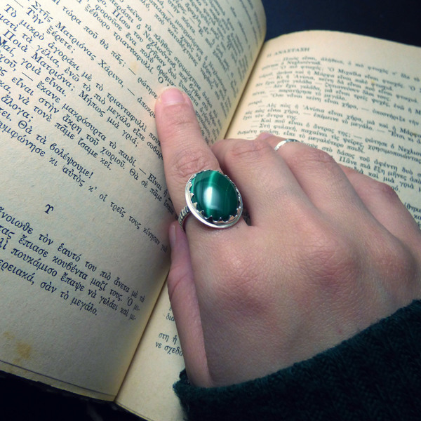 " Green Hill " - Χειροποίητο δαχτυλίδι από ασήμι 925 και Μαλαχίτη! - ασήμι, ημιπολύτιμες πέτρες, φύλλο, αυξομειούμενα - 4