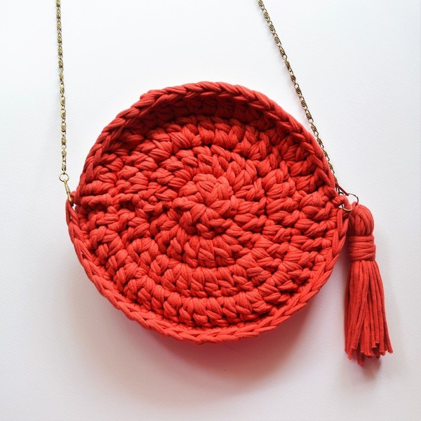 Κόκκινη τσάντα στρογγυλή "Δανάη" - χιαστί, πλεκτές τσάντες