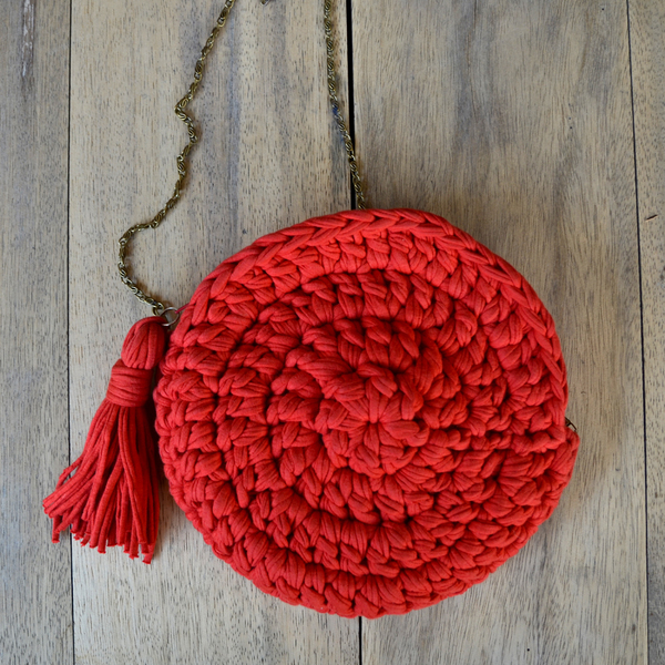 Κόκκινη τσάντα στρογγυλή "Δανάη" - χιαστί, πλεκτές τσάντες - 2