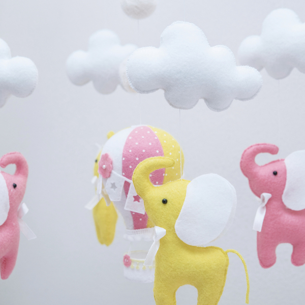 Κίτρινο-ροζ μόμπιλε με αερόστατο και ελεφαντάκια - κορίτσι, μόμπιλε, βρεφικά - 2